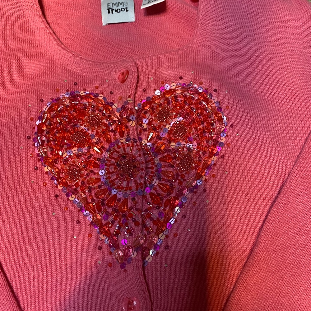 Emma Tricot Beaded Heart Pink Cardigan Sweater Coquette Romantic Cottagecore L - Picture 5 of 8